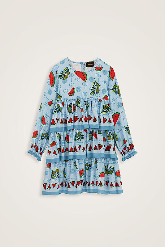 Children's Watermelon Pattern Blue Ruffled Dress - 1