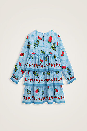 Children's Watermelon Pattern Blue Ruffled Dress - 3