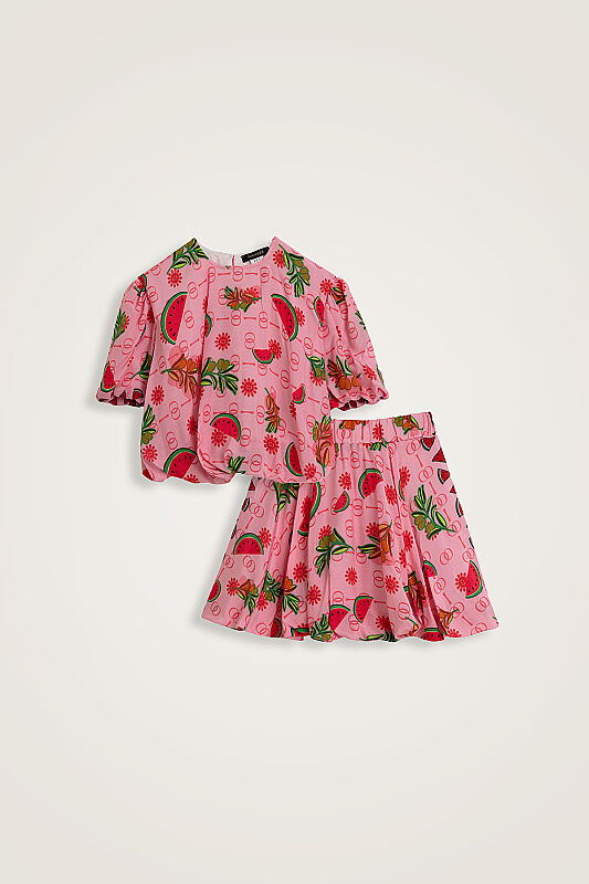 Children's Watermelon Pattern Pink Balloon Blouse and Skirt Set - 1