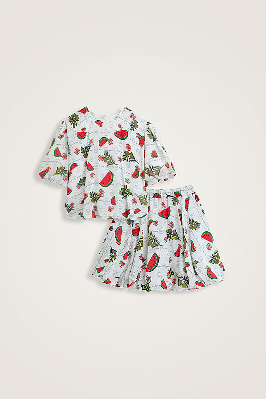 Children's Watermelon Pattern White Balloon Blouse and Skirt Set - 1