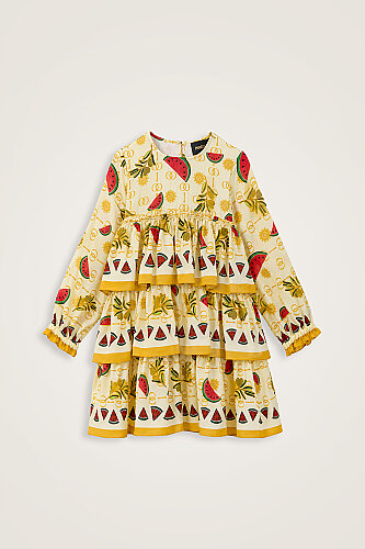 Children's Watermelon Pattern Yellow Ruffled Dress - Imannoor