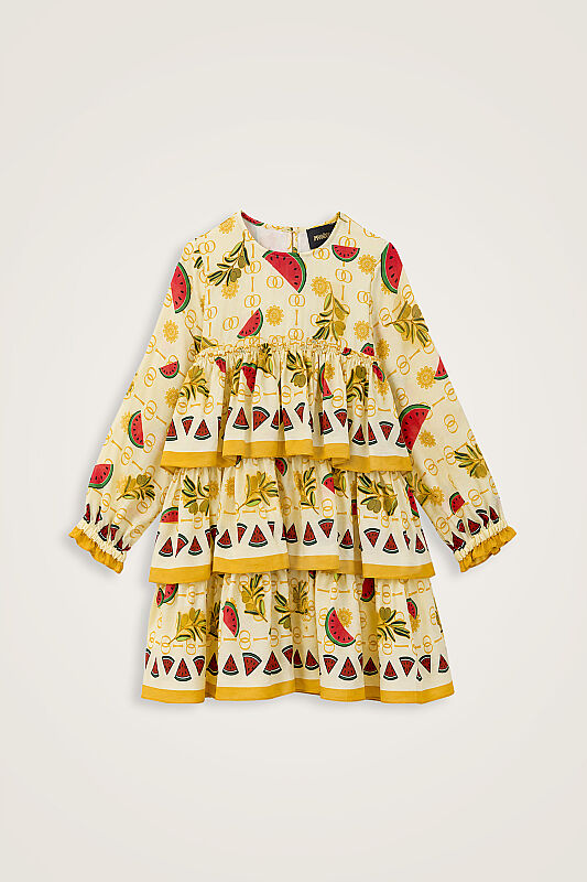 Children's Watermelon Pattern Yellow Ruffled Dress - 1
