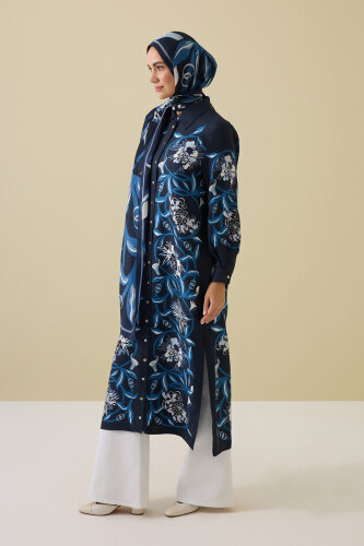 Çiçek Yolu Lacivert Tivil İpek Gömlek Elbise - Imannoor (1)