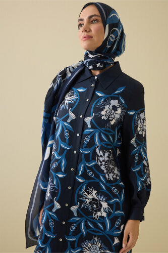 Çiçek Yolu Lacivert Tivil İpek Gömlek Elbise - Imannoor (3)
