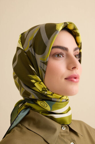 Çiçek Yolu Saks-Haki Tivil İpek Eşarp 94x94 - Imannoor (4)