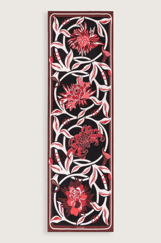 Çiçek Yolu Siyah-Kırmızı Krep İpek Gömlek Elbise Şalı 70x210 - 2