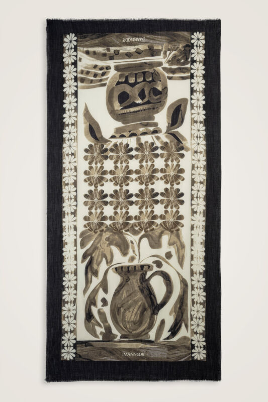 Çift Saksı Krem-Kahve Yün İpek Şal 100x200 - 1