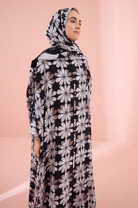 Çift Saksı Siyah Krep İpek Abaya - 5