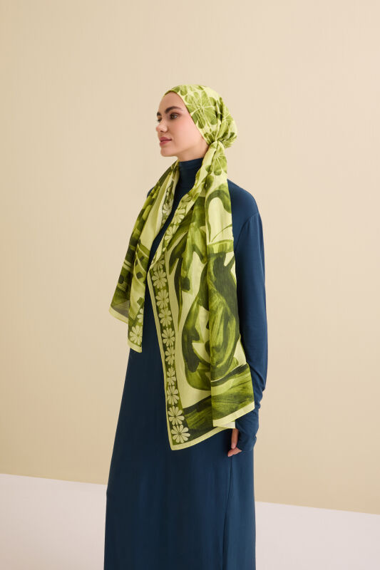 Çift Saksı Yeşil Pamuk İpek Şal 72x212 - 6
