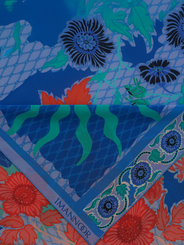 Çit Mavi Krep İpek Kaftan Şal 80x210 - 4
