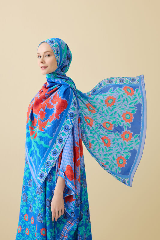 Çit Mavi Krep İpek Kaftan Şal 80x210 - 5