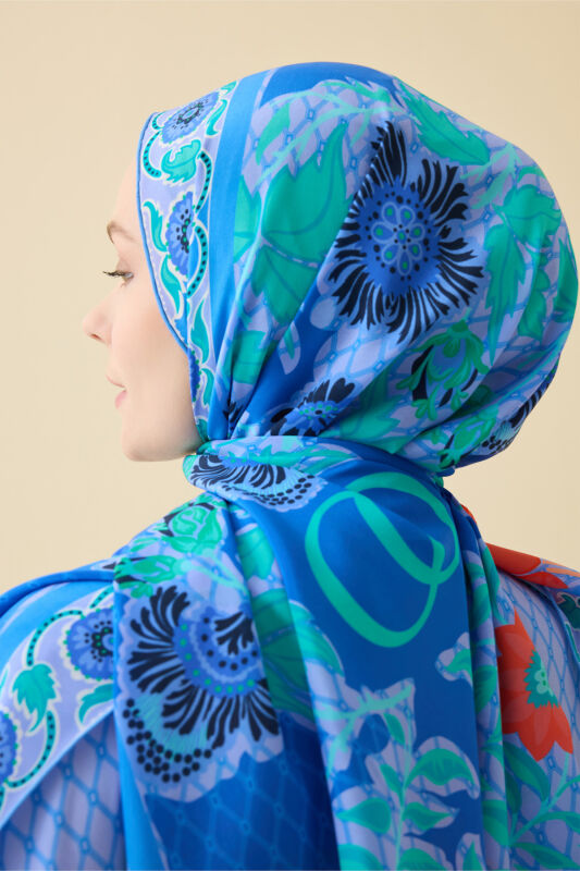 Çit Mavi Krep İpek Kaftan Şal 80x210 - 3