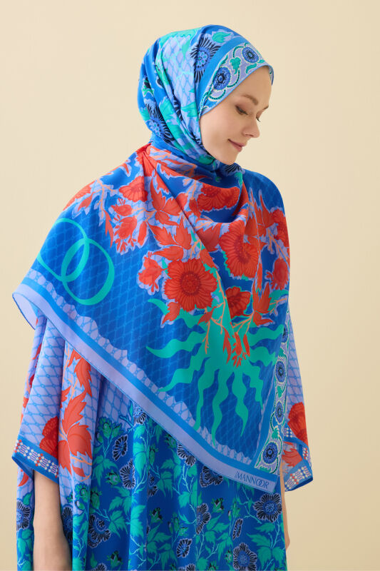 Çit Mavi Krep İpek Kaftan Şal 80x210 - 1