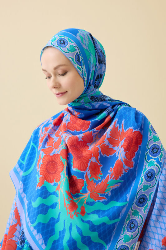 Çit Mavi Krep İpek Kaftan Şal 80x210 - 6