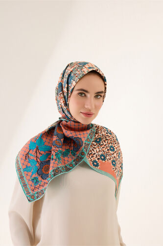 Çit Orange-Turquoise Double-Sided Twill Silk Scarf - 6