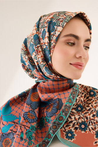 Çit Orange-Turquoise Double-Sided Twill Silk Scarf 