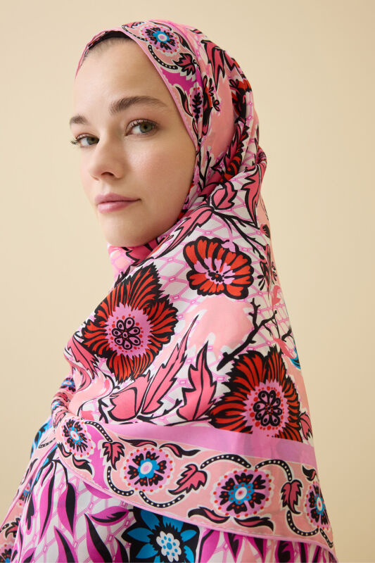 Çit Pembe Krep İpek Kaftan Şal 80x210 - 6