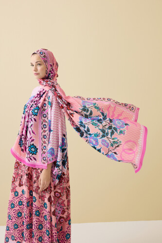 Çit Pembe Krep İpek Kaftan Şal 80x210 - 5