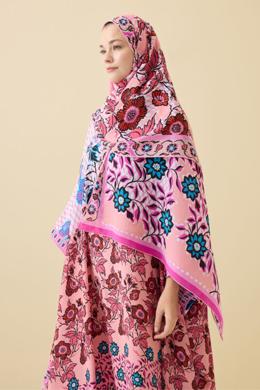 Çit Pembe Krep İpek Kaftan Şal 80x210 - 1