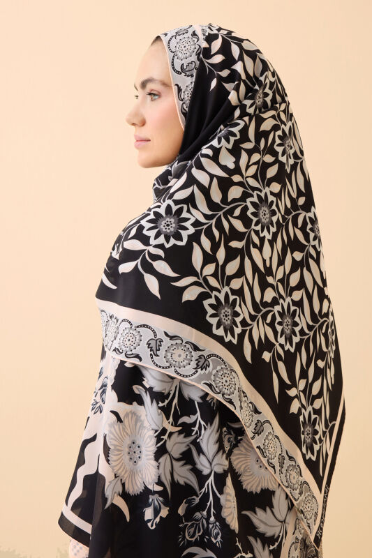 Çit Siyah Krep İpek Kaftan Şal 80x210 - 5