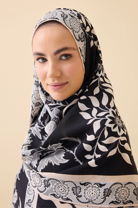 Çit Siyah Krep İpek Kaftan Şal 80x210 - 3