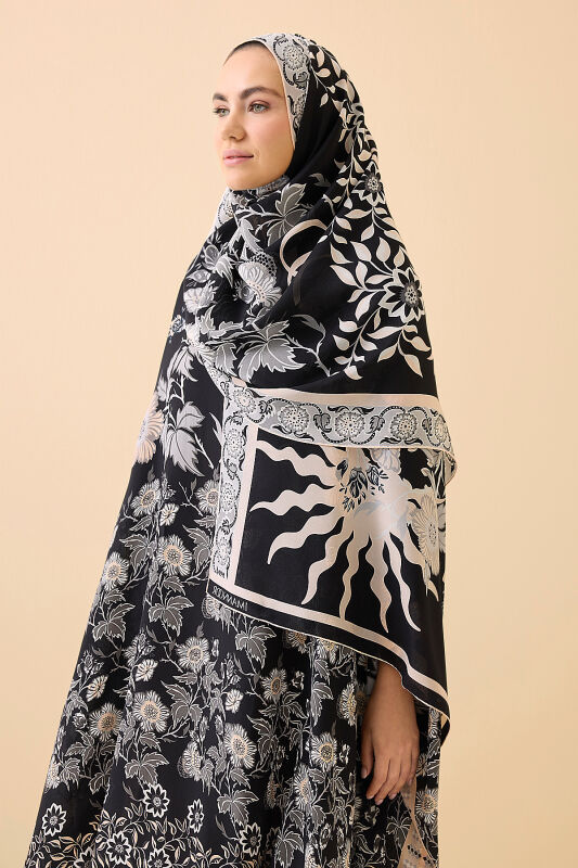 Çit Siyah Krep İpek Kaftan Şal 80x210 - 1