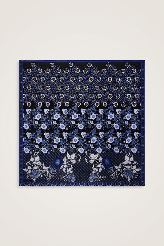 Çit Siyah-Saks Çift Taraflı Tivil İpek Eşarp 90x90 - 3