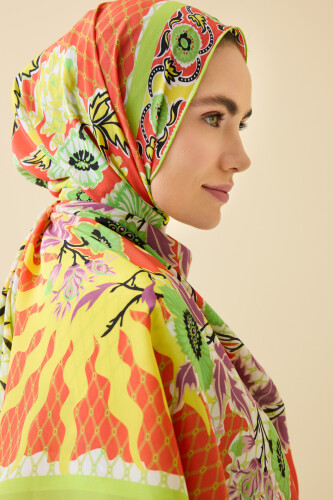 Çit Turuncu Krep İpek Kaftan Şal 80x210 - 3
