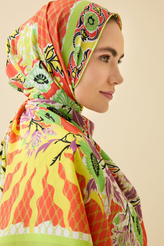 Çit Turuncu Krep İpek Kaftan Şal 80x210 - 3