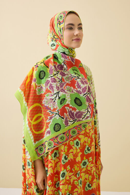 Çit Turuncu Krep İpek Kaftan Şal 80x210 - 1