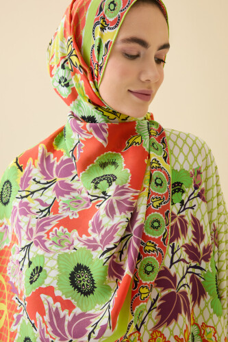 Çit Turuncu Krep İpek Kaftan Şal 80x210 - 5
