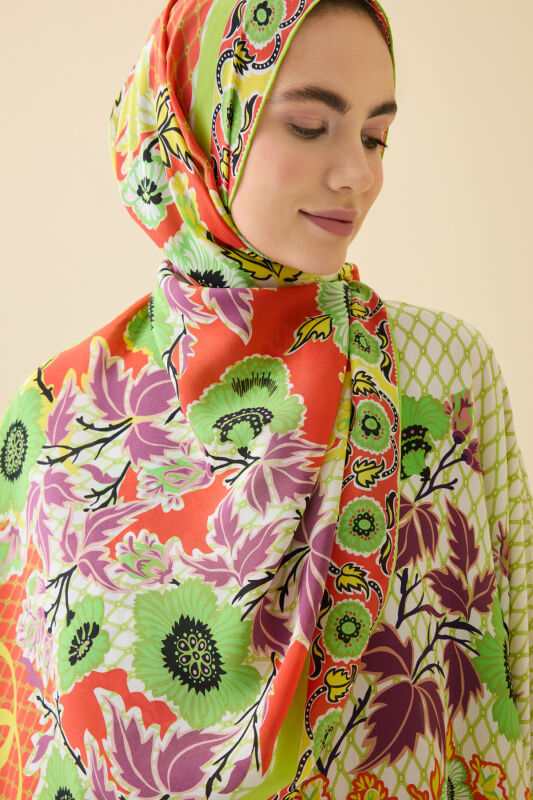 Çit Turuncu Krep İpek Kaftan Şal 80x210 - 5