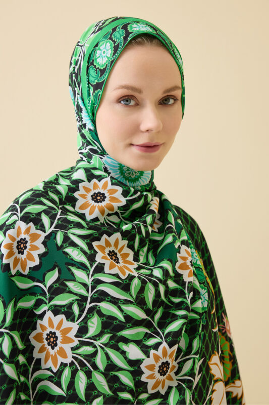 Çit Yeşil Krep İpek Kaftan Şal 80x210 - 5