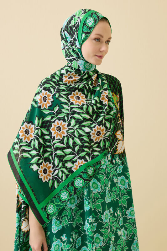 Çit Yeşil Krep İpek Kaftan Şal 80x210 - 1