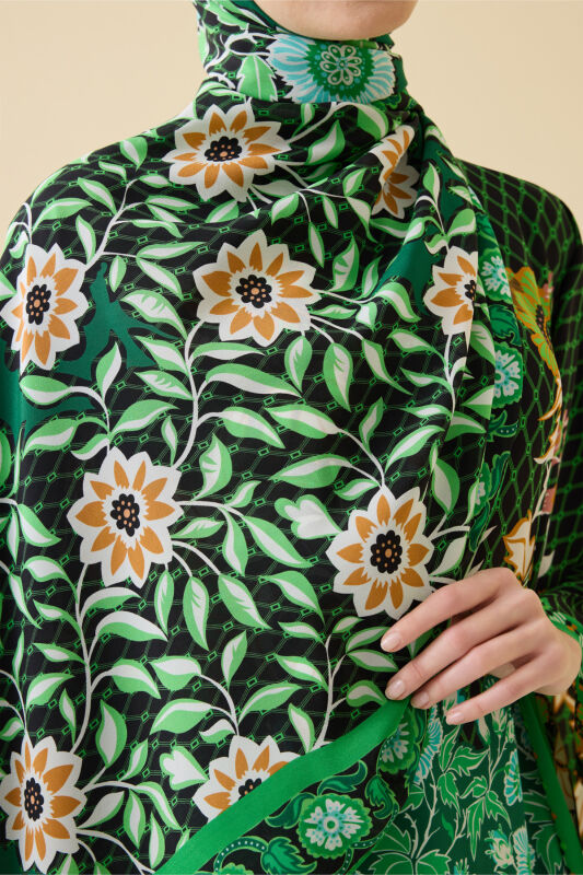 Çit Yeşil Krep İpek Kaftan Şal 80x210 - 3