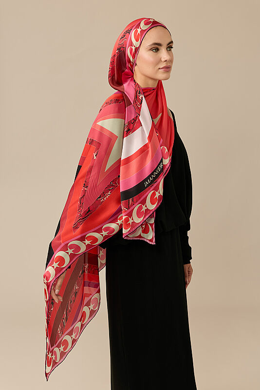 Çizgi Ayla Yıldız Kırmızı Şifon İpek Şal 70x210 - 5
