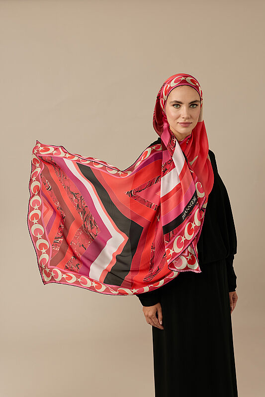 Çizgi Ayla Yıldız Kırmızı Şifon İpek Şal 70x210 - 3