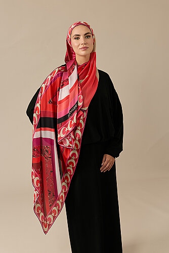 Çizgi Ayla Yıldız Kırmızı Şifon İpek Şal 70x210 - Imannoor