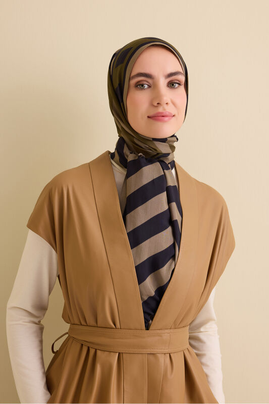 Çizgi Noor Haki Floş Viskon Şal 72x212 - 5