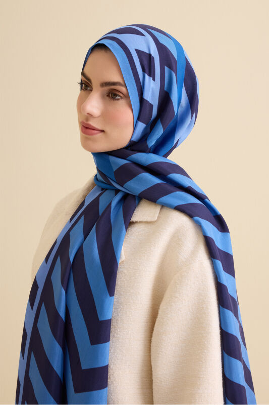 Çizgi Noor Mavi Floş Viskon Şal 72x212 - 1