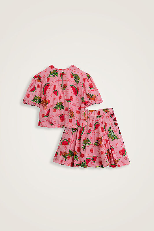 Çocuk Karpuz Desen Pembe Balon Bluz-Etek Takım - 3