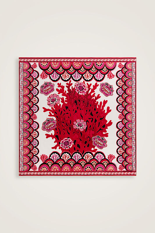 Coral Garden Red Twill Silk Scarf - 1