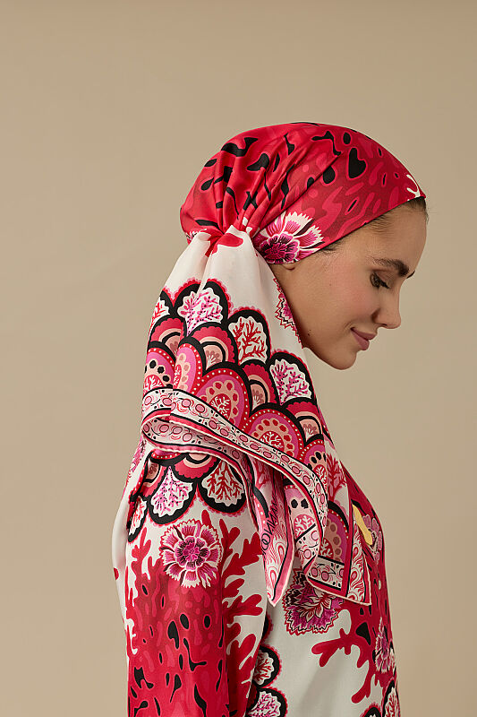 Coral Garden Red Twill Silk Scarf - 1