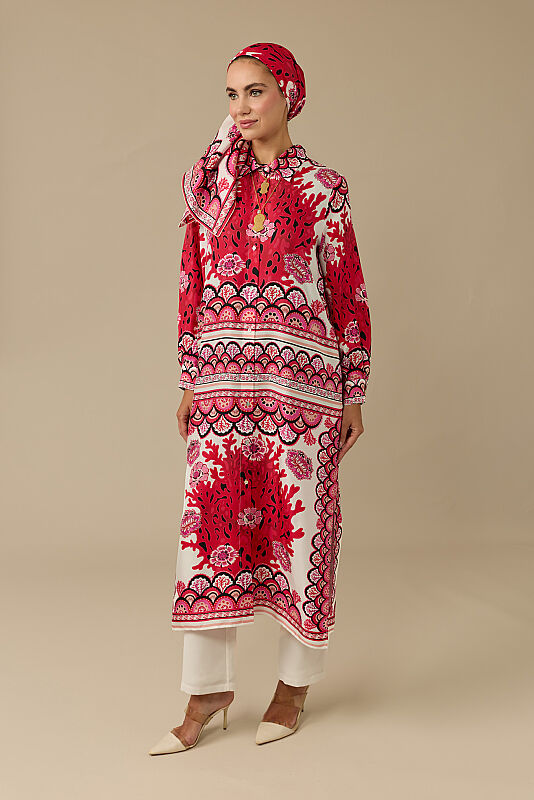 Coral Garden Red Twill Silk Shirt Dress - 7