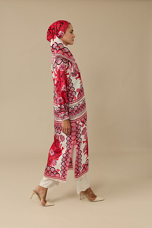 Coral Garden Red Twill Silk Shirt Dress - 8