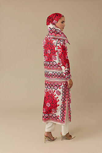 Coral Garden Red Twill Silk Shirt Dress - 5