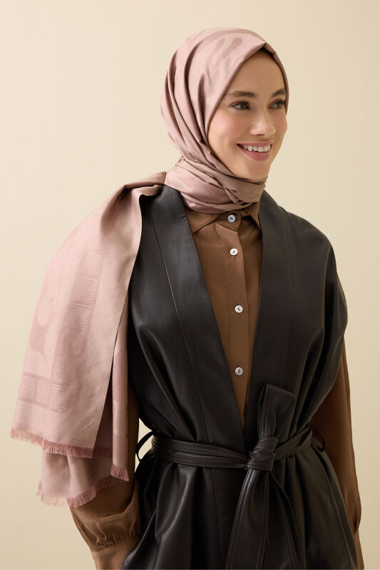 Coral Milk Coffee Jacquard Silk Shawl 70x200 - 5