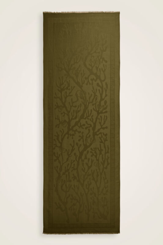 Coral Oil Green Jacquard Silk Shawl - 1