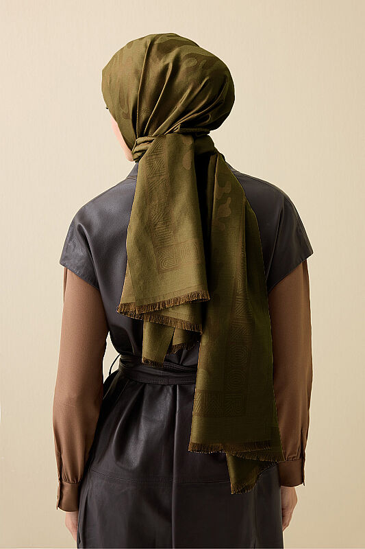 Coral Oil Green Jacquard Silk Shawl - 1