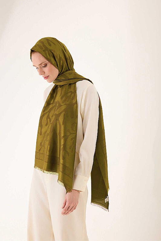 Coral Olive Green Jacquard Silk Shawl - 1